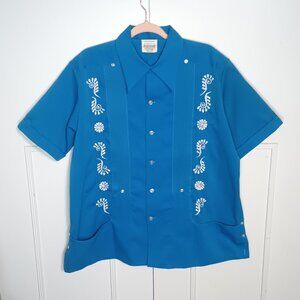 Vintage Mercader Blue Guayabera Mexican Wedding Shirt Floral Embroidery XL